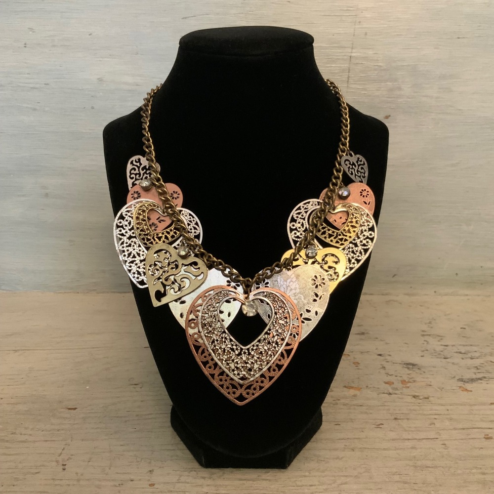 Multitone Metallic Filigree Heart Charm Layered Statement Necklace 18" GC